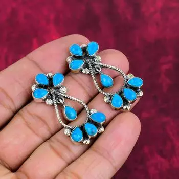 Серьги ручной работы из голубого бирюзового драгоценного камня, антикварные ювелирные серьги из стерлингового серебра 925 пробы, для подарка на помолвку 1.65 Inches синий