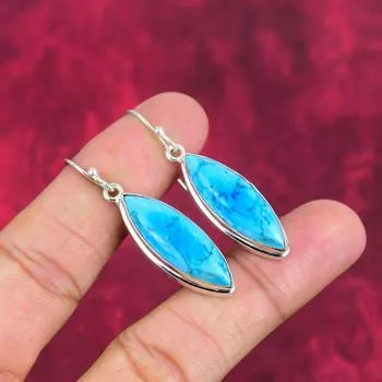 Серьги ручной работы из голубого бирюзового драгоценного камня, антикварные ювелирные серьги из стерлингового серебра 925 пробы, для подарка на помолвку 1.97 Inches синий