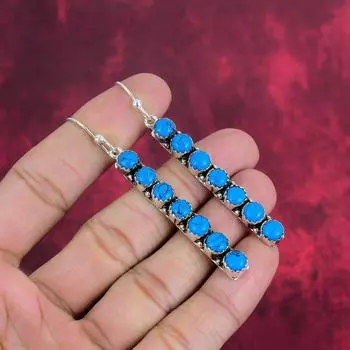 Серьги ручной работы из голубого бирюзового драгоценного камня, антикварные ювелирные серьги из стерлингового серебра 925 пробы, для подарка на помолвку 2.91 Inches синий