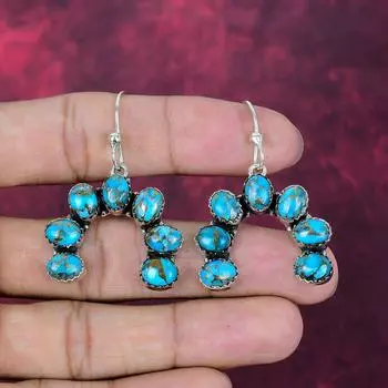 Серьги ручной работы из голубой медной бирюзы, серьги из стерлингового серебра 925 пробы, украшения с камнем месяца рождения, подарок «Любовь навсегда» 1.85 Inches