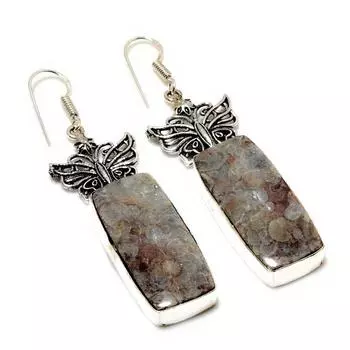 Серьги ручной работы из ископаемого камня Turritella Fossil Gemstone с серебряным покрытием 925 пробы 2,5 дюйма