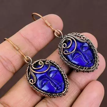 Серьги ручной работы из медной проволоки с натуральным синим камео-лицом и драгоценным камнем 2,44 o7o44