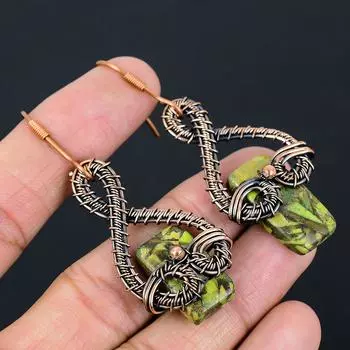 Серьги ручной работы из медной проволоки с натуральным медным зеленым бирюзовым камнем 2,6 s3E85