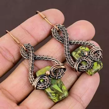 Серьги ручной работы из медной проволоки с натуральным медным зеленым бирюзовым камнем 2,6 q0a42