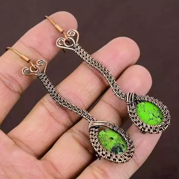 Серьги ручной работы из медной проволоки с натуральной медью и зеленой бирюзой 3,66 C2z65