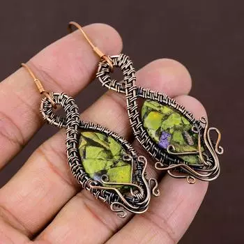 Серьги ручной работы из медной проволоки с натуральной медью и зеленой бирюзой 2,91 f3N24