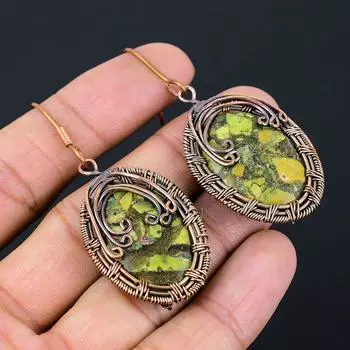 Серьги ручной работы из медной проволоки с натуральной медью и зеленой бирюзой 2,56 T4t88