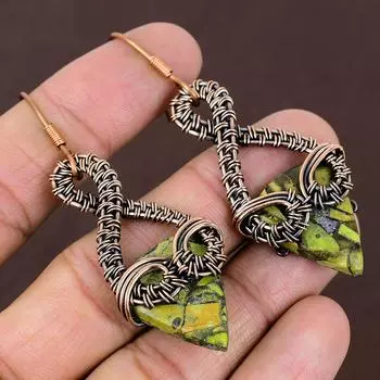 Серьги ручной работы из медной проволоки с натуральной медью и зеленой бирюзой 2,72 n8R23