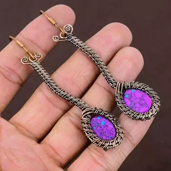 Серьги ручной работы из медной проволоки с натуральной медью и фиолетовой бирюзой 3,54 c3l95