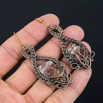 Серьги ручной работы из медной проволоки с натуральным сумасшедшим кружевным агатом и драгоценным камнем 2,76 n0u57