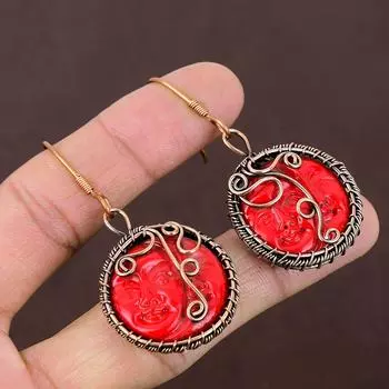 Серьги ручной работы из медной проволоки с натуральным красным камеей для лица и драгоценным камнем 2,36 E5S78