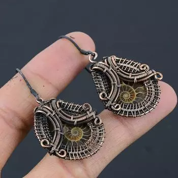 Серьги ручной работы из медной проволоки, натуральный аммонит, ископаемый драгоценный камень, 2,21 P7W40