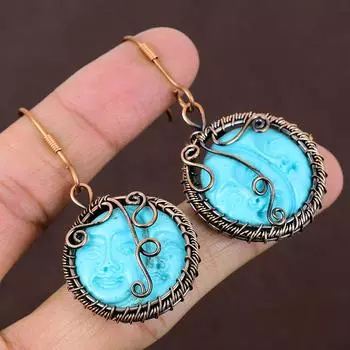 Серьги ручной работы из медной проволоки с натуральным синим камеей для лица и драгоценным камнем 2,28 P1f51