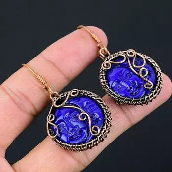 Серьги ручной работы из медной проволоки с натуральным синим камеей для лица и драгоценным камнем 2,17 A4q67