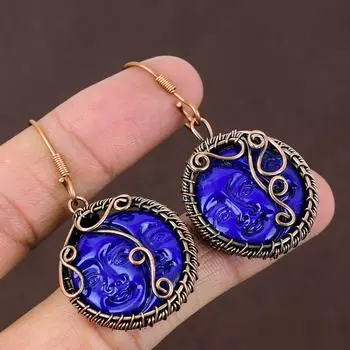 Серьги ручной работы из медной проволоки с натуральным синим камеей для лица и драгоценным камнем 2,17 F2J41