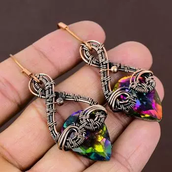 Серьги ручной работы из медной проволоки с натуральным мистическим топазом 2,68 f2m13