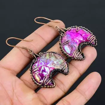 Серьги ручной работы из медной проволоки из натурального титана с драгоценным камнем «Друзы» размером 2,56 дюйма R4H06