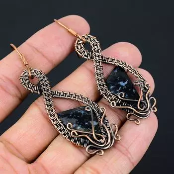 Серьги ручной работы из медной проволоки с натуральным черным обсидианом 2,76 p3A88