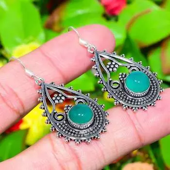 Серьги ручной работы из натурального зеленого оникса из стерлингового серебра 925 пробы 2,05 дюйма H2Z33