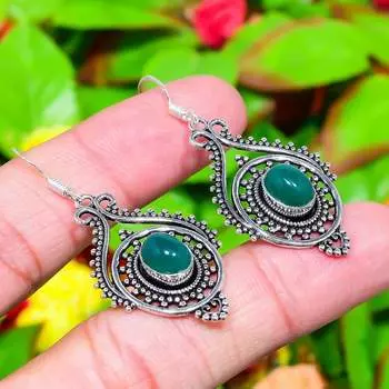 Серьги ручной работы из натурального зеленого оникса из стерлингового серебра 925 пробы 2,05 дюйма t2N33