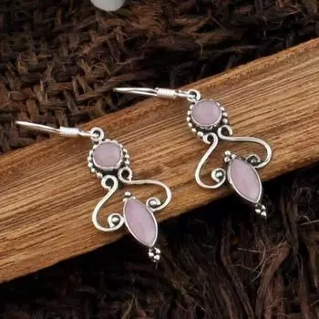 Серьги ручной работы из натурального розового кварца, стерлингового серебра 925 пробы