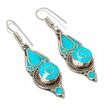 Серьги ручной работы из натурального тибетского бирюзового камня 2,36 дюйма T7w55