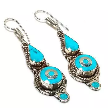 Серьги ручной работы из натурального тибетского бирюзового камня 2,36 дюйма u7e04