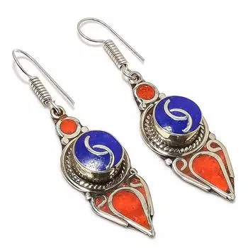 Серьги ручной работы из натурального лазурита и коралла 2,40 дюйма s9z69