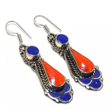 Серьги ручной работы из натурального лазурита и коралла 2,36 дюйма J0v08
