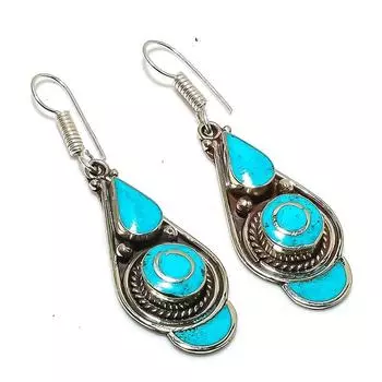 Серьги ручной работы из натурального тибетского бирюзового камня 2,40 дюйма Y8s76