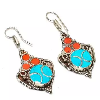 Серьги ручной работы из натуральной тибетской бирюзы и кораллового камня 2,21 дюйма S9J92