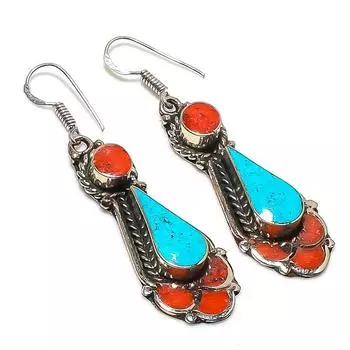 Серьги ручной работы из натуральной тибетской бирюзы и кораллового камня 2,29 дюйма G8l15