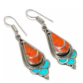 Серьги ручной работы из натуральной тибетской бирюзы и кораллового камня 2,29 дюйма d3M26