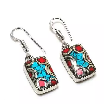 Серьги ручной работы из натуральной тибетской бирюзы и кораллового камня 1,30 дюйма u8o82