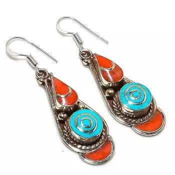 Серьги ручной работы из натуральной тибетской бирюзы и кораллового камня 2,09 дюйма F5H77