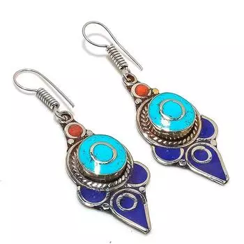 Серьги ручной работы из натуральной тибетской бирюзы и лазурита 2,44 дюйма F9H73