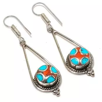 Серьги ручной работы из натуральной тибетской бирюзы и кораллового камня 2,44 дюйма J9a57