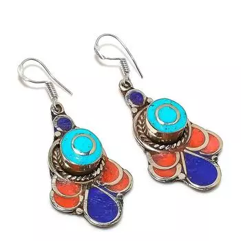 Серьги ручной работы из натуральной тибетской бирюзы и кораллового камня 2,17 дюйма O6E33
