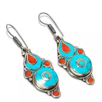 Серьги ручной работы из натуральной тибетской бирюзы и кораллового камня 2,25 дюйма y6V62