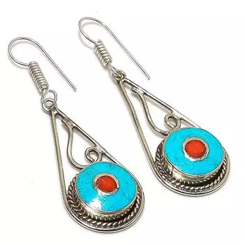 Серьги ручной работы из натуральной тибетской бирюзы и кораллового камня 2,32 дюйма j2o50