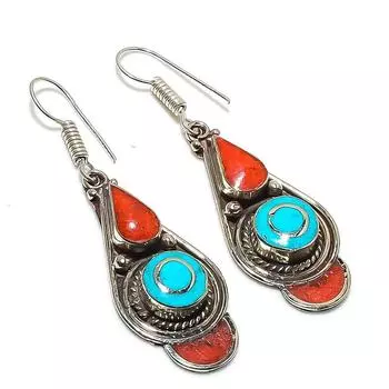 Серьги ручной работы из натуральной тибетской бирюзы и кораллового камня 2,36 дюйма E3p54