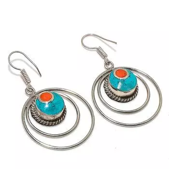 Серьги ручной работы из натуральной тибетской бирюзы и кораллового камня 1,97 дюйма b2t59