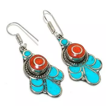 Серьги ручной работы из натуральной тибетской бирюзы и кораллового камня 2,25 дюйма d5L78