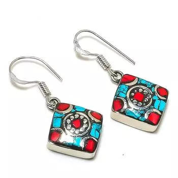 Серьги ручной работы из натуральной тибетской бирюзы и кораллового камня 1,38 дюйма p2i17