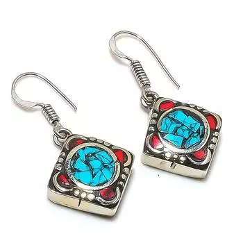 Серьги ручной работы из натуральной тибетской бирюзы и кораллового камня 1,42 дюйма J2c95