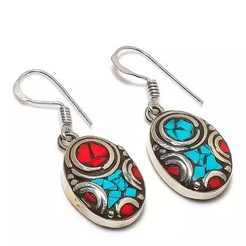 Серьги ручной работы из натуральной тибетской бирюзы и кораллового камня 1,38 дюйма C1q05