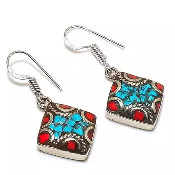 Серьги ручной работы из натуральной тибетской бирюзы и кораллового камня 1,38 дюйма d1e98