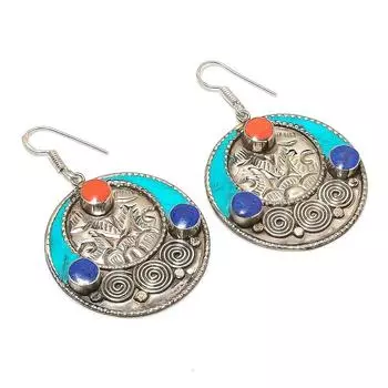 Серьги ручной работы из натуральной тибетской бирюзы и кораллового камня 2,60 дюйма y2G88