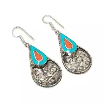 Серьги ручной работы из натуральной тибетской бирюзы и кораллового камня 2,56 дюйма g4J29