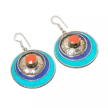 Серьги ручной работы из натуральной тибетской бирюзы и кораллового камня 2,60 дюйма k1h23
